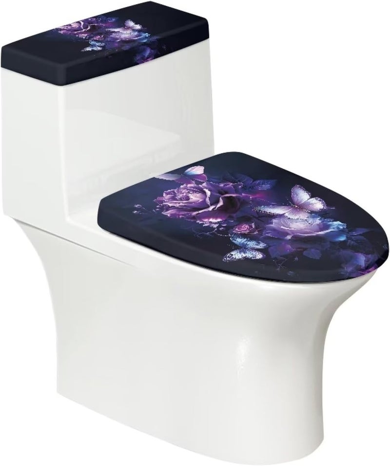 Kathyboom Purple Rose Butterfly Toilet Lid Cover Set of 2 Tank Lid Covers Splash Resistant Soft Toilet Seat Covers Fit Most Round and Elongated Toilet Keep Bathroom Clean - Image 1